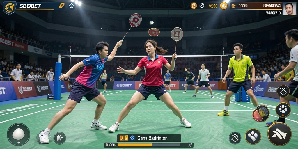 Antarmuka menarik game Badminton SBOBET yang seru.